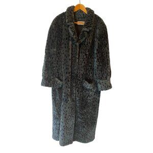 Signatures Style VI Faux Fur Maxi Coat Gray Black Leopard Animal Print USA Large